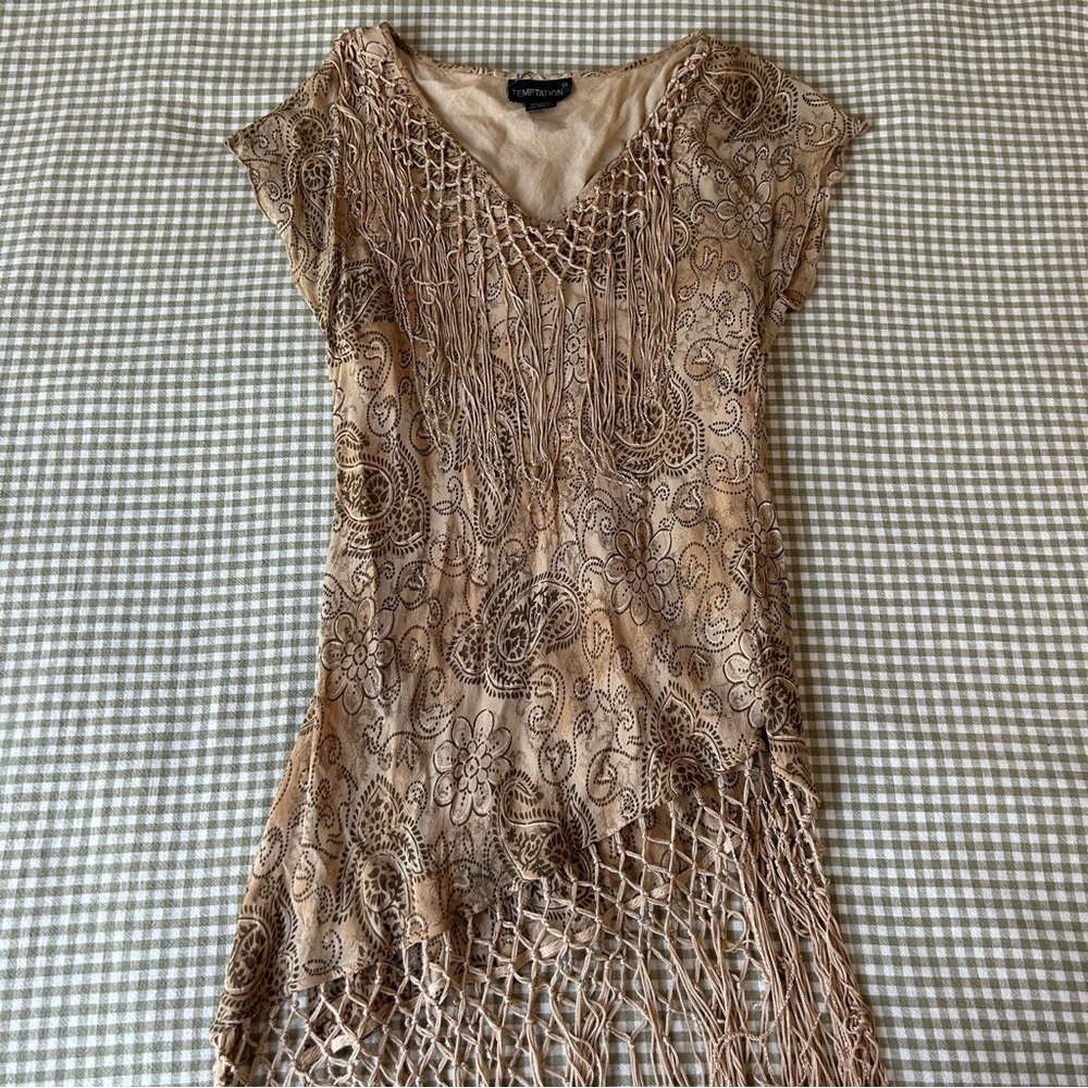 Vintage Tan/Brown Paisley Fringe Top